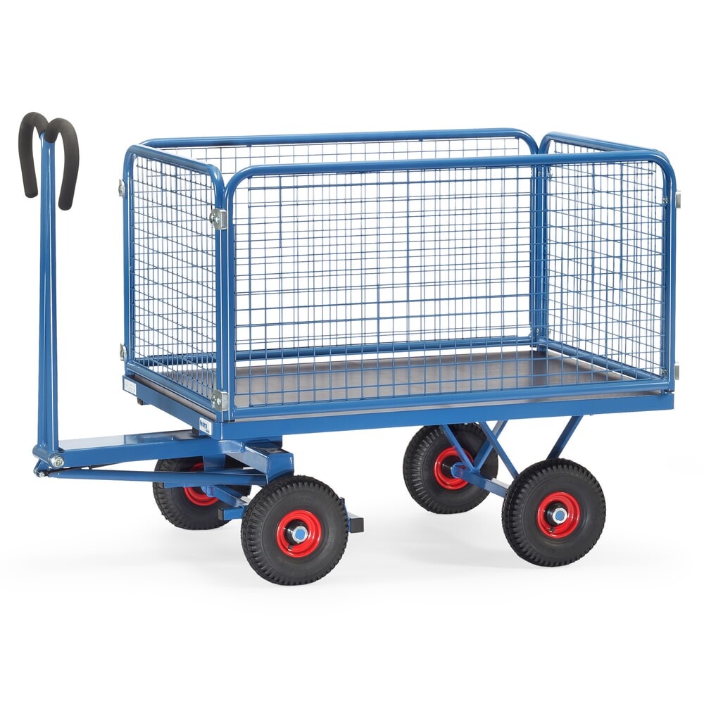 fetra® Handpritschenwagen mit Drahtgitterwänden H 600 mm, Ladefläche 800 x 1.200 mm, TK 700 kg, Luft-Bereifung