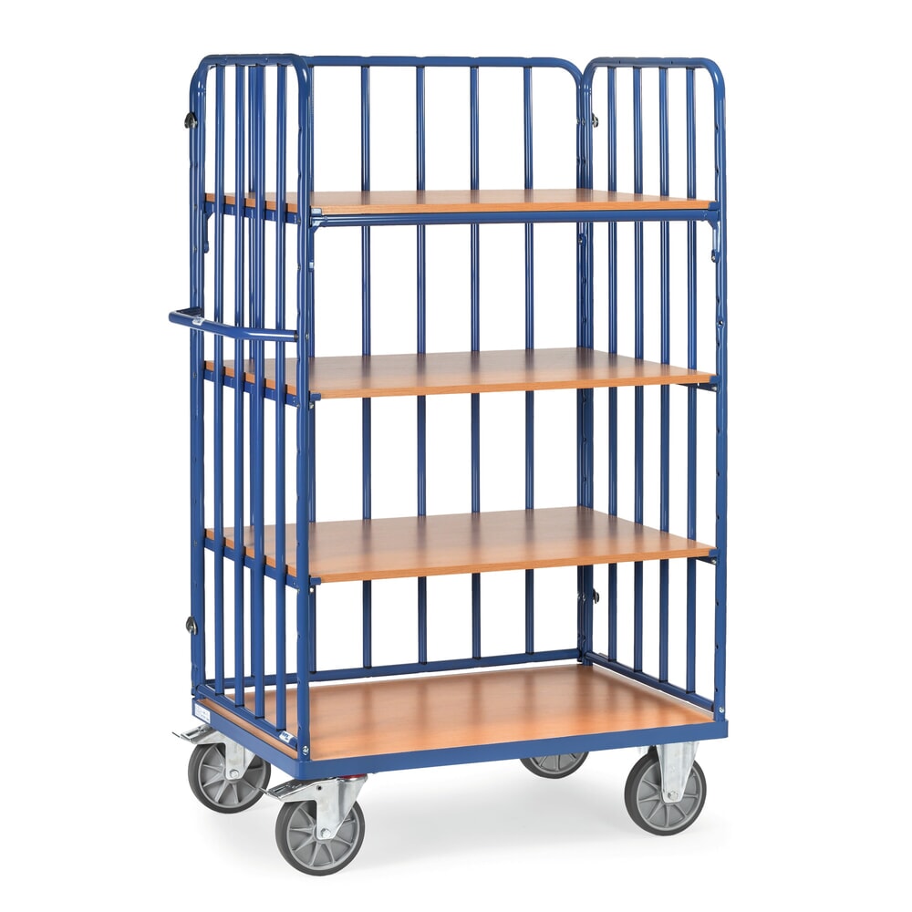 fetra® Etagenwagen mit vertikalen Rohrstreben, 3 Wände, 4 Etagen à 1.000 x 600 mm, Höhe 1.800 mm