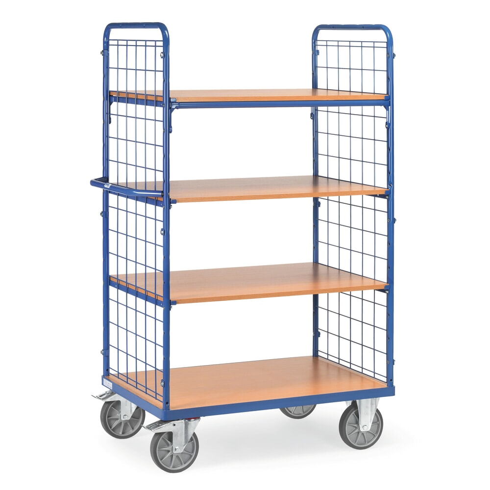 fetra® Etagenwagen mit festen Böden, 2 Gitterwände, 4 Etagen à 1.000 x 600 mm