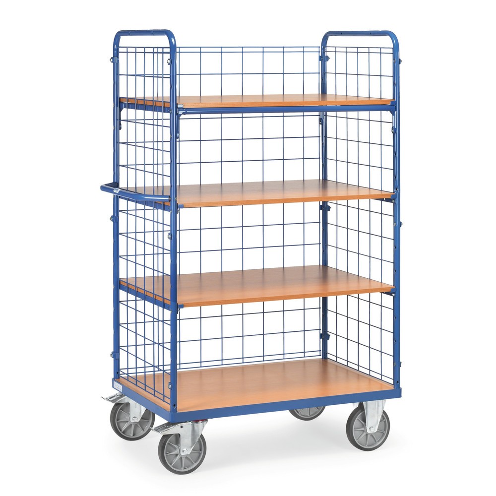 fetra® Etagenwagen mit festen Böden, 3 Gitterwände, 4 Etagen à 1.000 x 600 mm