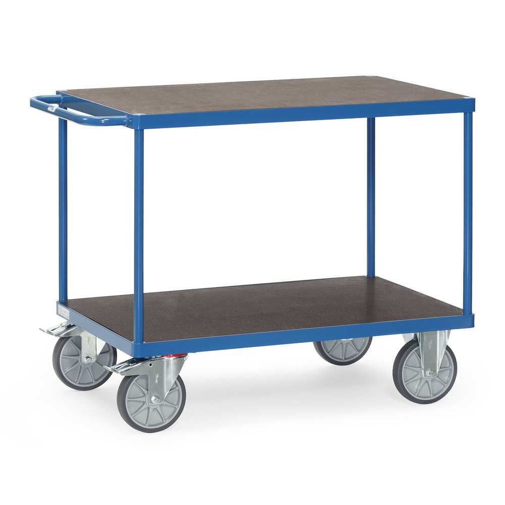 fetra® Schwerer Tisch- und Montagewagen, rutschsichere Ladefläche, 2 Etagen à 800 x 1.200 mm, brillantblau