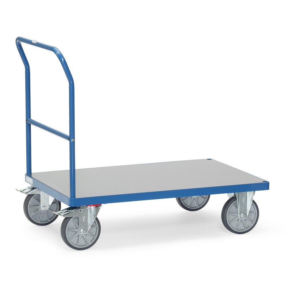 fetra® Plattformwagen mit Schiebebügel, witterungsfeste Ladefläche BxT 500 x 850 mm, brillantblau