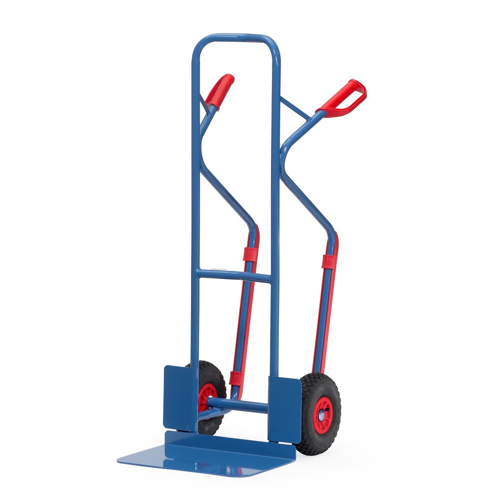 fetra® Stapelkarre, Tragkraft 300 kg, Schaufel BxT 480 x 300 mm, mit Gleitkufen, Luft-Bereifung, brillantblau