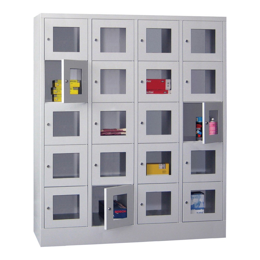 PAVOY Schliessfachschrank mit Sichtfenster, 4 x 5 Fächer, HxBxT 1.850 x 1.600 x 500 mm, lichtblau, lichtgrau