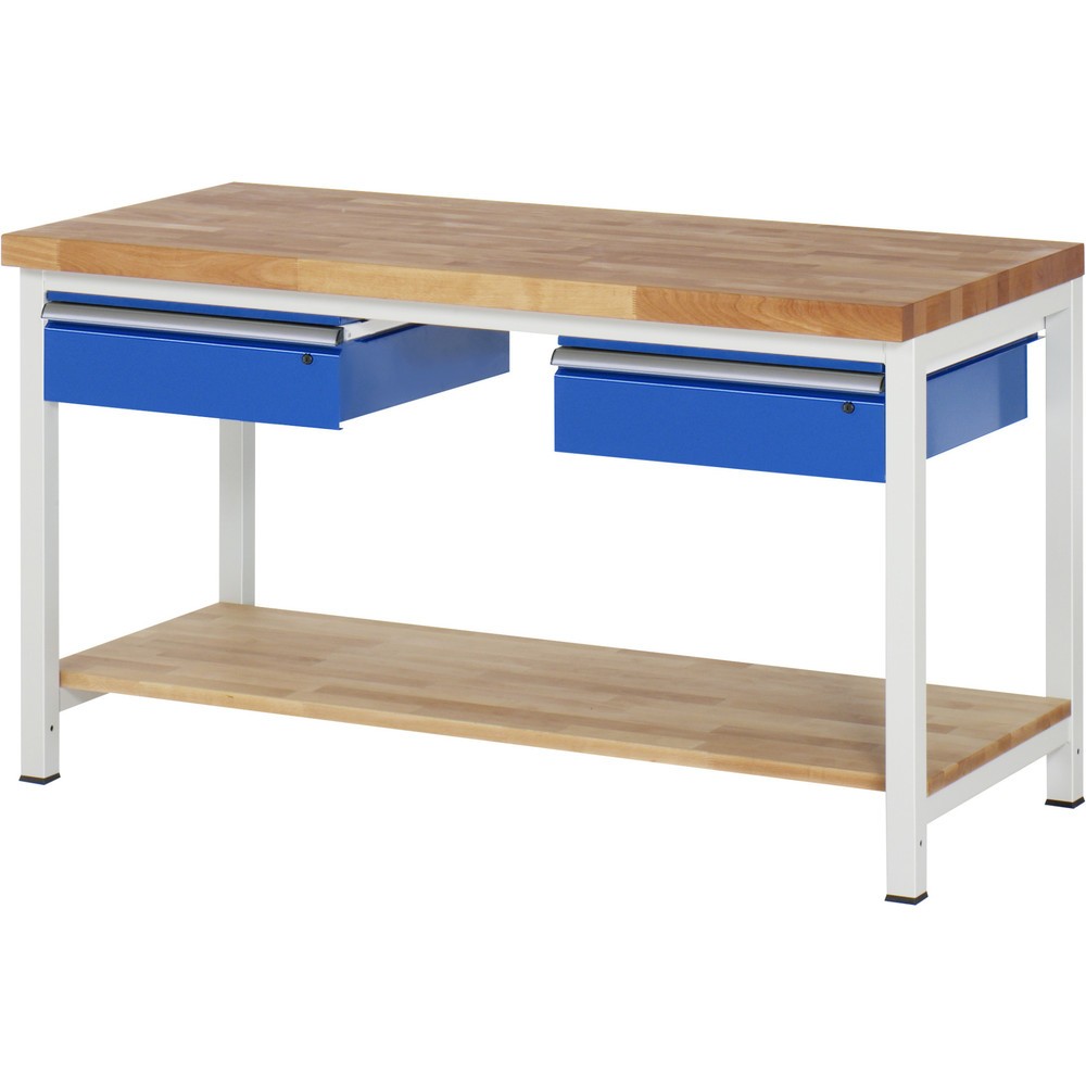 RAU Werkbank Serie 8000, HxBxT 840-1.040 x 1.500 x 700 mm, 2 Schubladen, 1 Buche-Massiv-Ablageboden