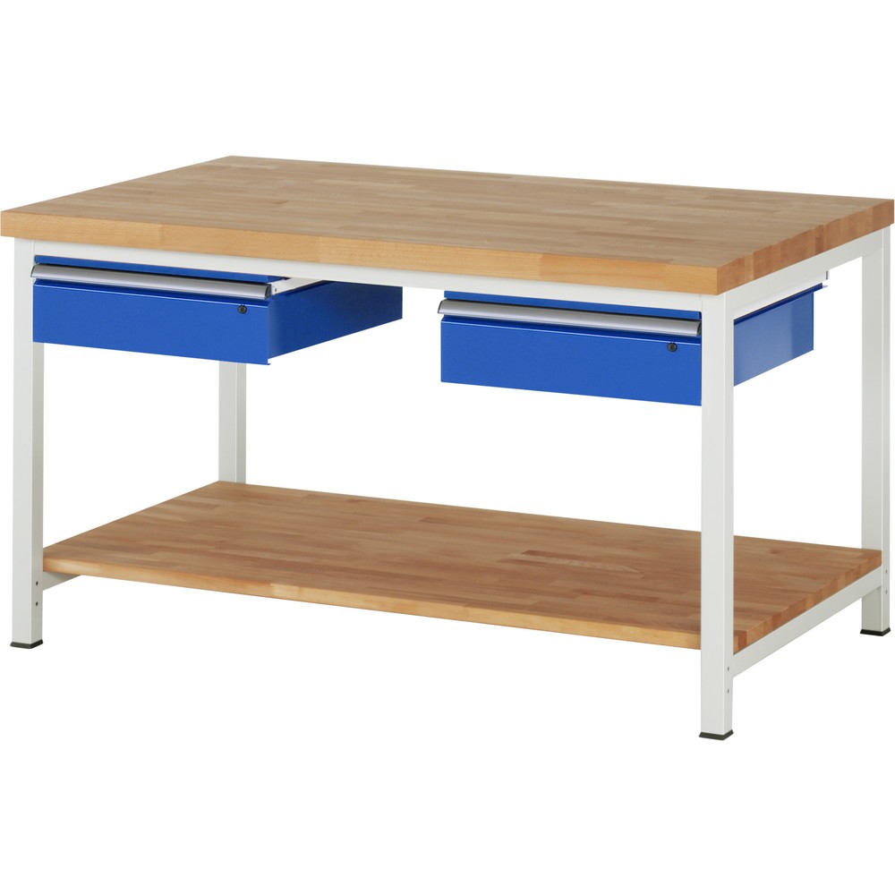 RAU Werkbank Serie 8000, HxBxT 840 x 1.500 x 900 mm, 2 Schubladen, 1 Buche-Massiv-Ablageboden Tiefe 757 mm