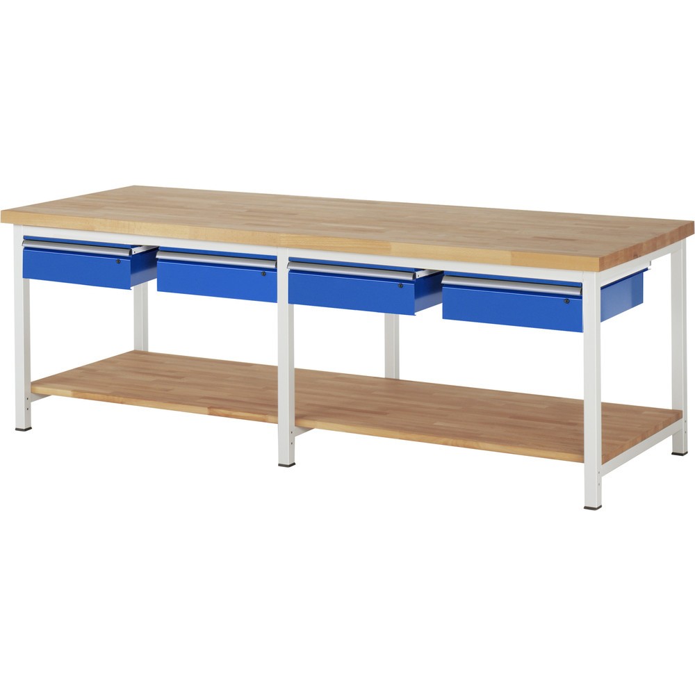 RAU Werkbank Serie 8000, HxBxT 840 x 2.500 x 900 mm, 4 Schubladen, 1 Buche-Massiv-Ablageboden Tiefe 757 mm