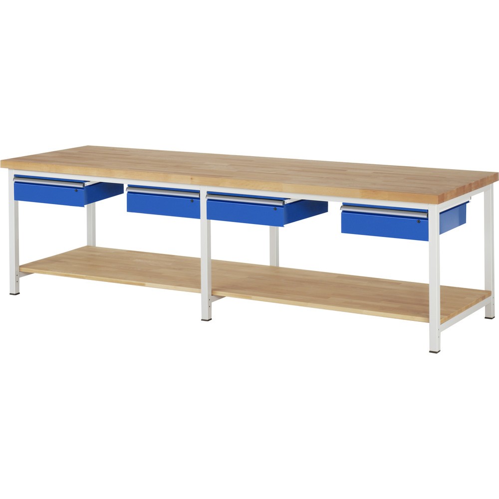 RAU Werkbank Serie 8000, HxBxT 840-1.040 x 3.000 x 900 mm, 4 Schubladen, 1 Buche-Massiv-Ablageboden