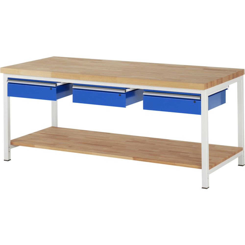 RAU Werkbank Serie 8000, HxBxT 840-1.040 x 2.000 x 900 mm, 3 Schubladen, 1 Buche-Massiv-Ablageboden