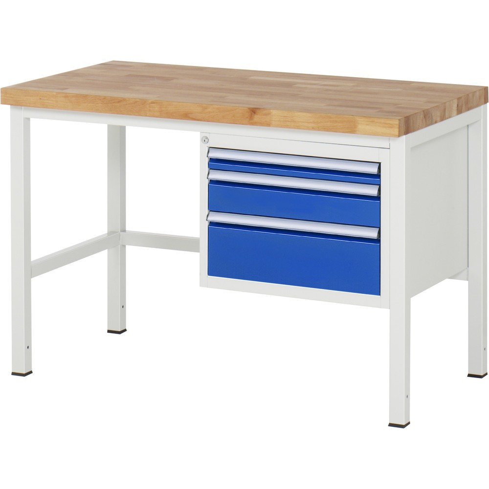 RAU Werkbank Serie 8000, HxBxT 840-1.040 x 1.250 x 700 mm, 3 x 90%-Auszug-Schubladen 1 x 60, 1 x 120, 1 x 180 mm, Breite 490 mm