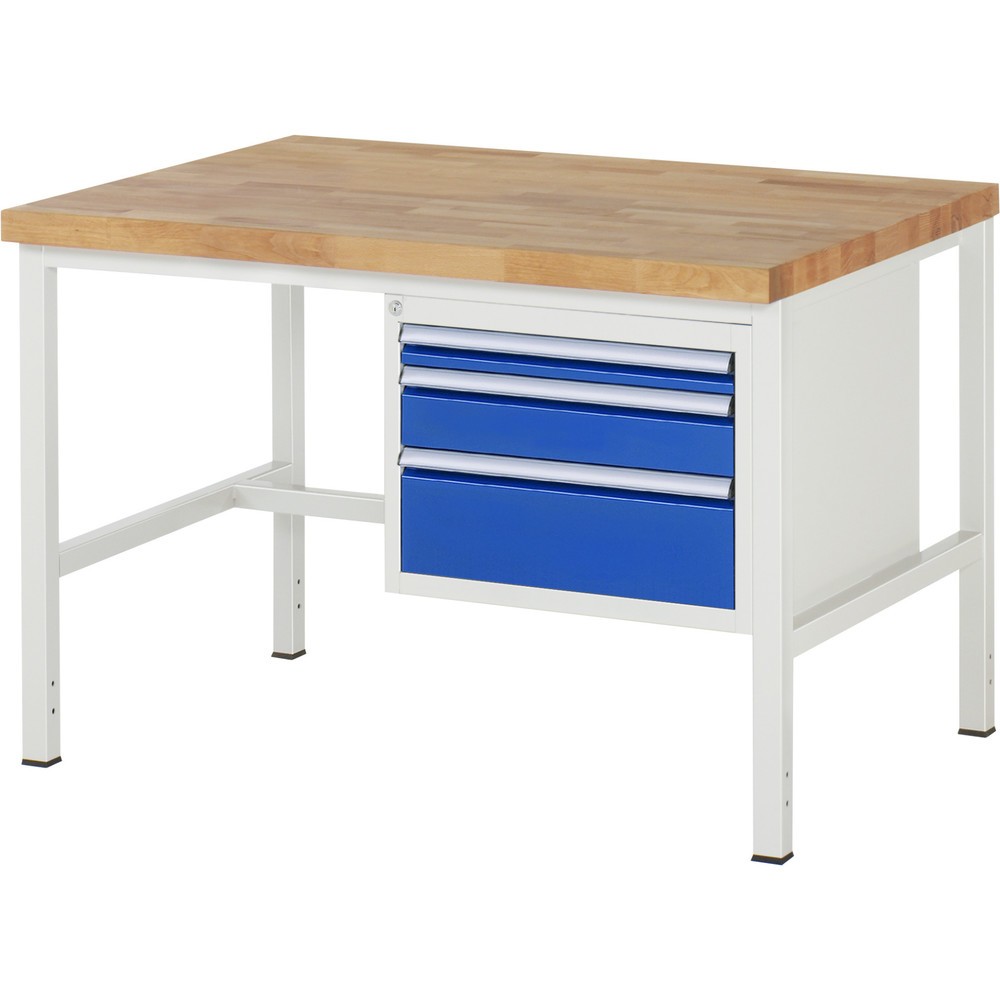 RAU Werkbank Serie 8000, HxBxT 840-1.040 x 1.250 x 900 mm, 3 x 100%-Auszug-Schubladen 1 x 60, 1 x 120, 1 x 180 mm, Schubladen-TK 100 kg
