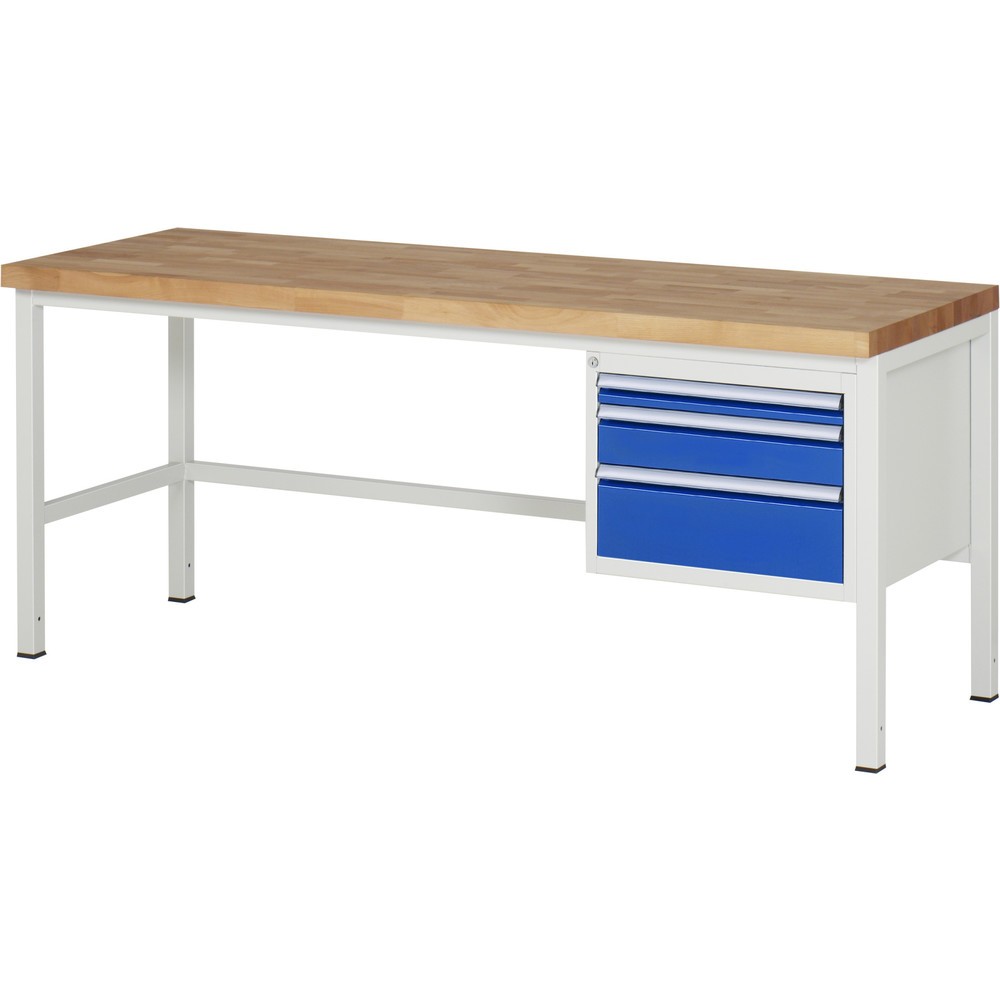 RAU Werkbank Serie 8000, HxBxT 840-1.040 x 2.000 x 700 mm, 3 x 100%-Auszug-Schubladen 1 x 60, 1 x 120, 1 x 180 mm, Breite 490 mm