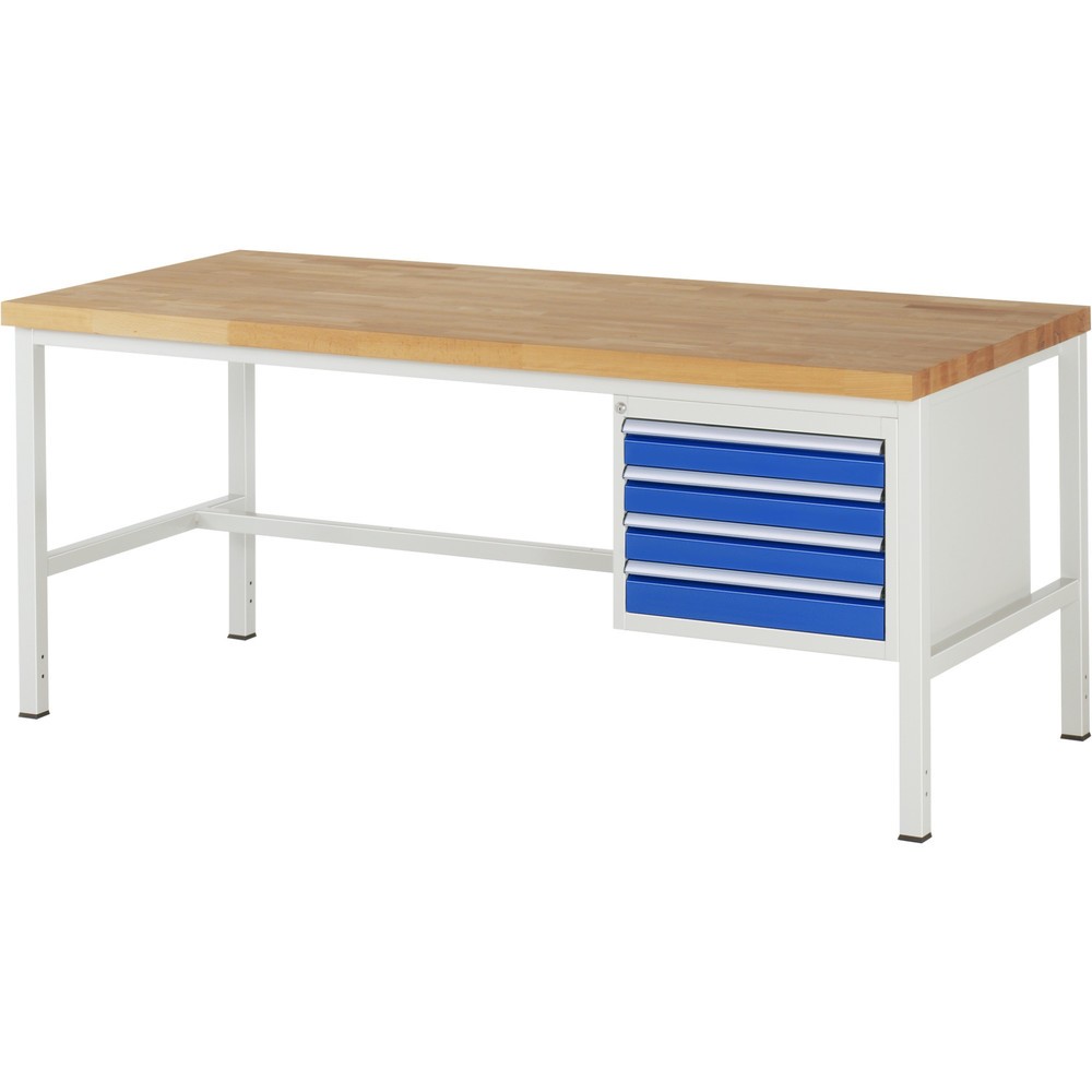 RAU Werkbank Serie 8000, HxBxT 840-1.040 x 2.000 x 900 mm, 4 x 90%-Auszug-Schubladen 4 x 90 mm, Breite 490 mm
