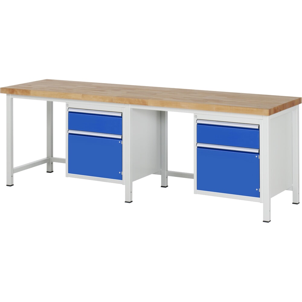 RAU Werkbank Serie 8000, 2 Container, 2 Flügeltüren, HxBxT 840 x 2.500 x 700 mm, 2 x 100%-Auszug-Schubladen