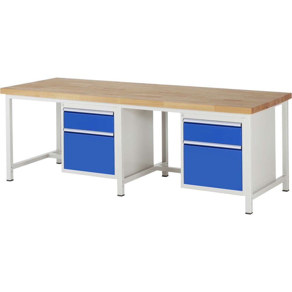 RAU Werkbank Serie 8000, 2 Container, HxBxT 840-1.040 x 2.500 x 900 mm, 4 x 100%-Auszug-Schubladen