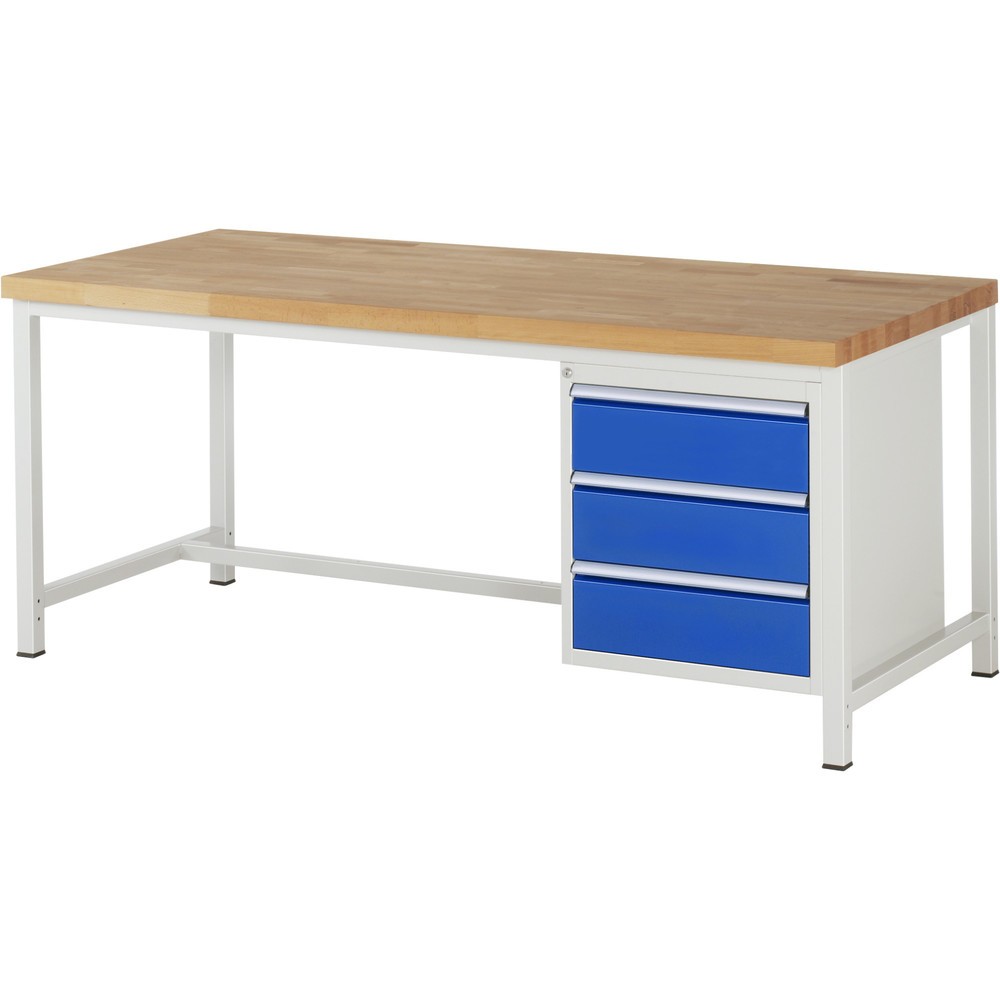 RAU Werkbank Serie 8000, HxBxT 840 x 2.000 x 900 mm, 3 x 90%-Auszug-Schubladen 3 x 180 mm, Schubladen-TK 100 kg
