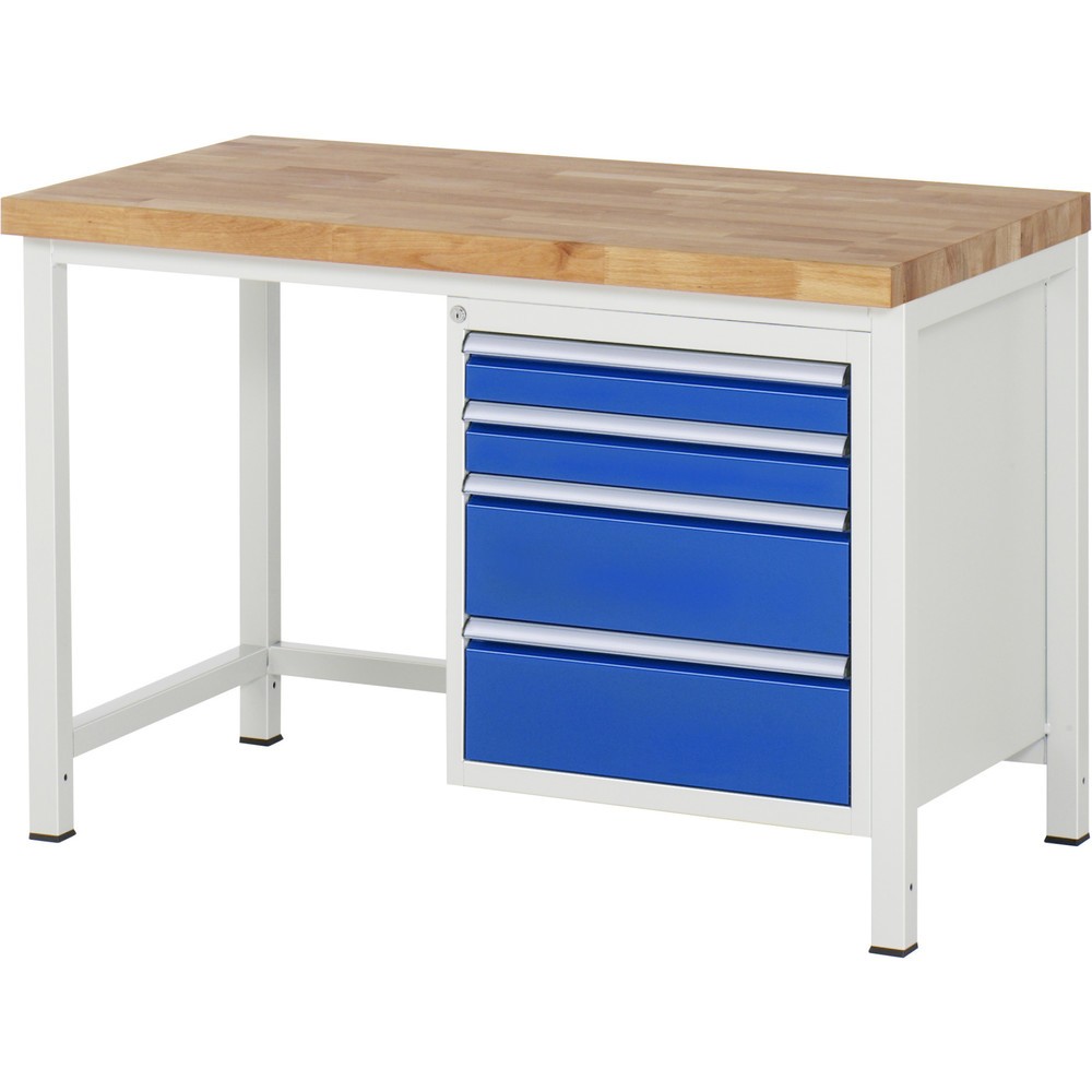 RAU Werkbank Serie 8000, HxBxT 840-1.040 x 1.250 x 700 mm, 4 x 90%-Auszug-Schubladen 2 x 90, 2 x 180 mm, Breite 490 mm
