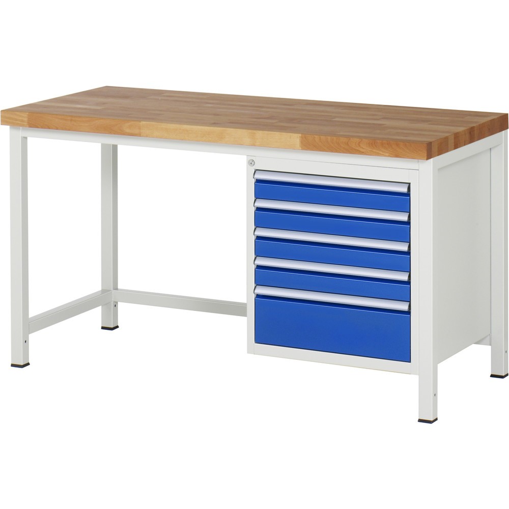 RAU Werkbank Serie 8000, HxBxT 840-1.040 x 1.500 x 700 mm, 5 x 90%-Auszug-Schubladen 4 x 90, 1 x 180 mm, Schubladen-TK 100 kg