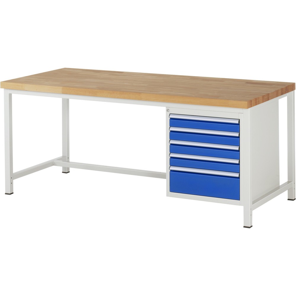 RAU Werkbank Serie 8000, HxBxT 840 x 2.000 x 900 mm, 5 x 90%-Auszug-Schubladen 4 x 90, 1 x 180 mm, Schubladen-TK 100 kg
