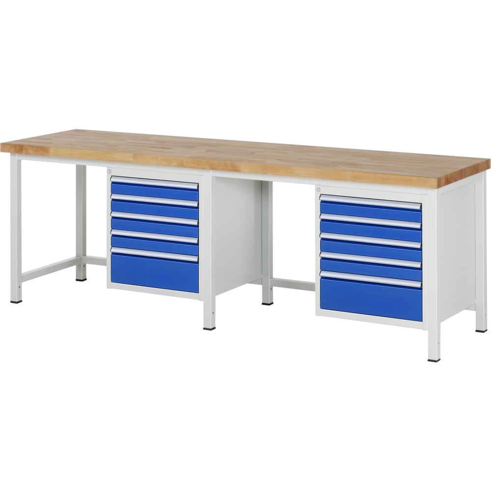 RAU Werkbank Serie 8000, 2 Container, HxBxT 840-1.040 x 2.500 x 700 mm, 10 x 90%-Auszug-Schubladen 8 x 90, 2 x 180 mm
