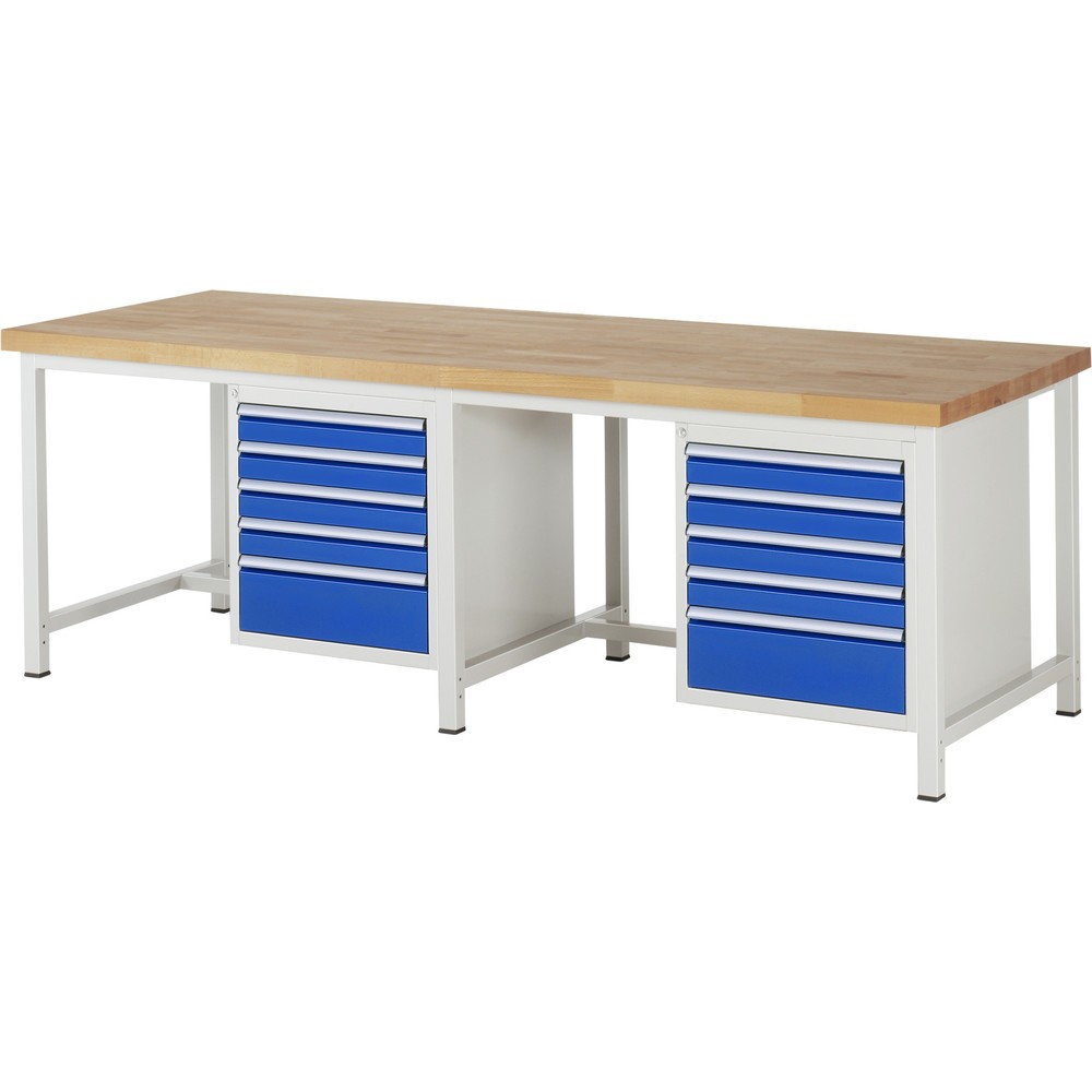 RAU Werkbank Serie 8000, 2 Container, HxBxT 840-1.040 x 2.500 x 900 mm, 10 x 100%-Auszug-Schubladen 8 x 90, 2 x 180 mm