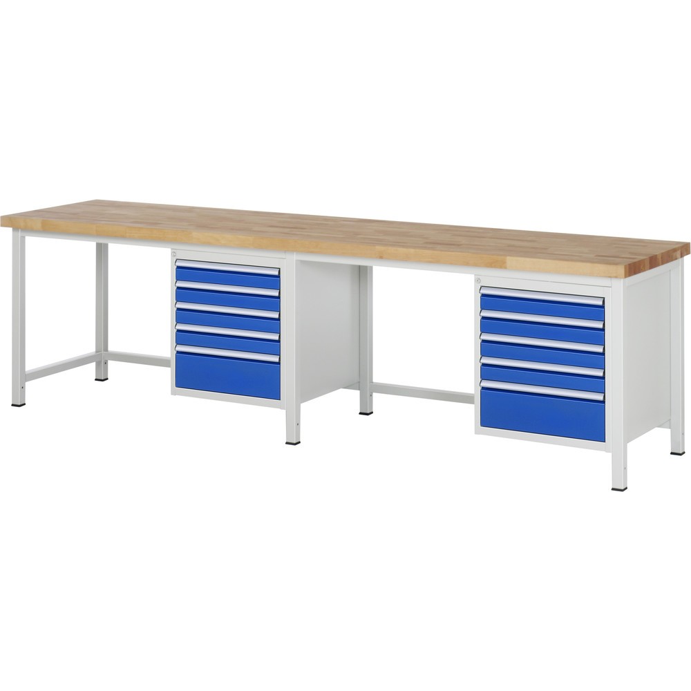 RAU Werkbank Serie 8000, 2 Container, HxBxT 840-1.040 x 3.000 x 700 mm, 10 x 90%-Auszug-Schubladen 8 x 90, 2 x 180 mm