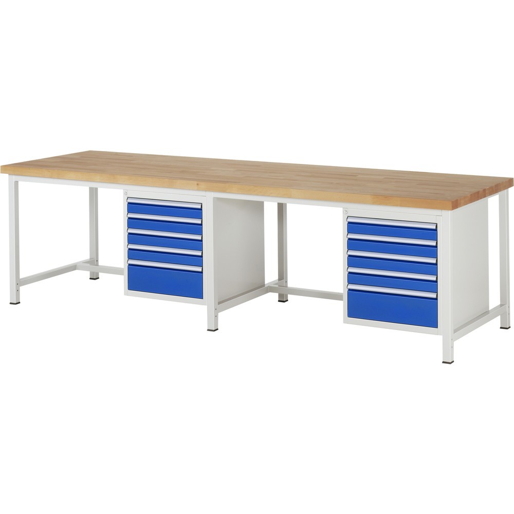 RAU Werkbank Serie 8000, 2 Container, HxBxT 840 x 3.000 x 900 mm, 10 x 90%-Auszug-Schubladen 8 x 90, 2 x 180 mm