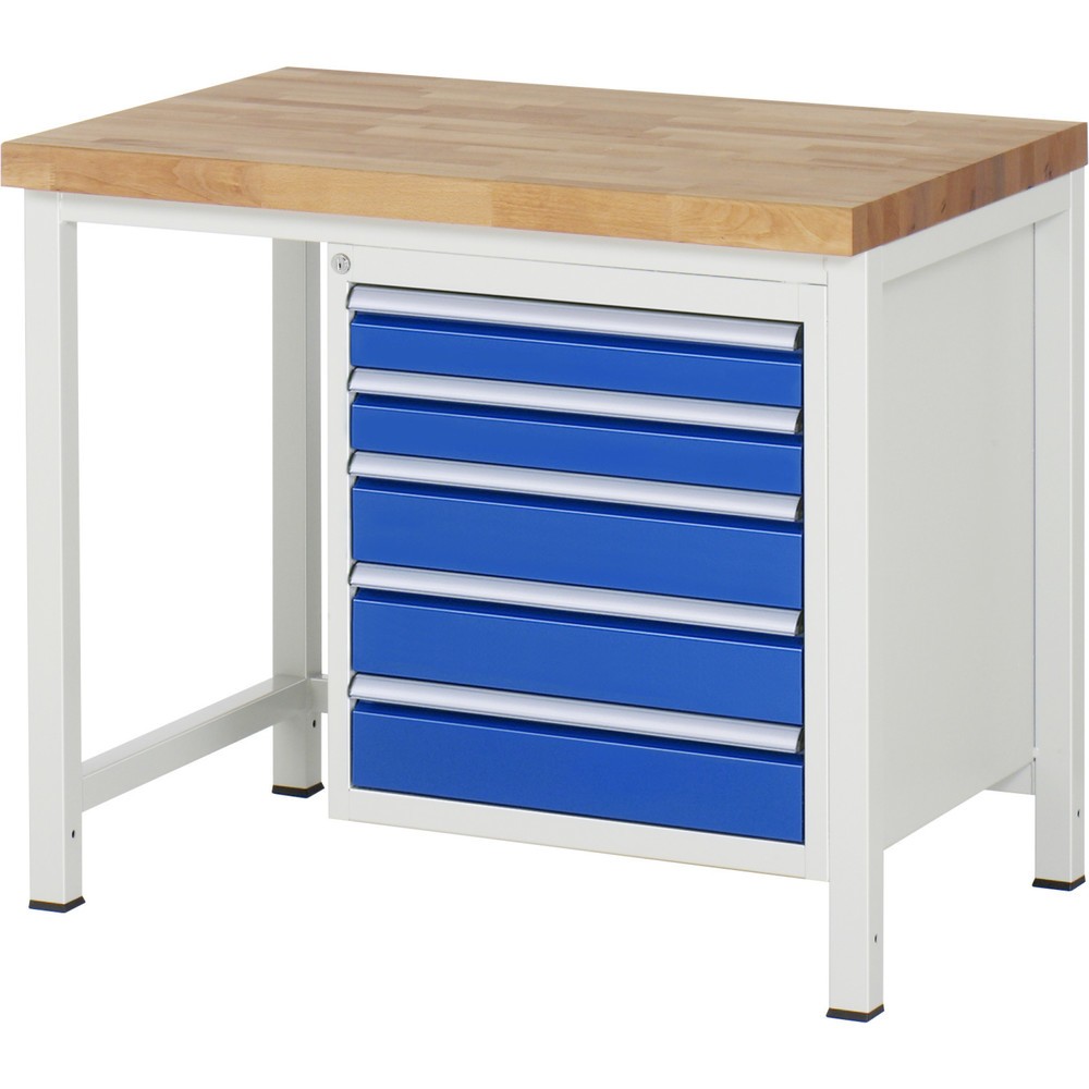 RAU Werkbank Serie 8000, HxBxT 840 x 1.000 x 700 mm, 5 x 100%-Auszug-Schubladen 2 x 90, 3 x 120 mm, Schubladen-TK 100 kg