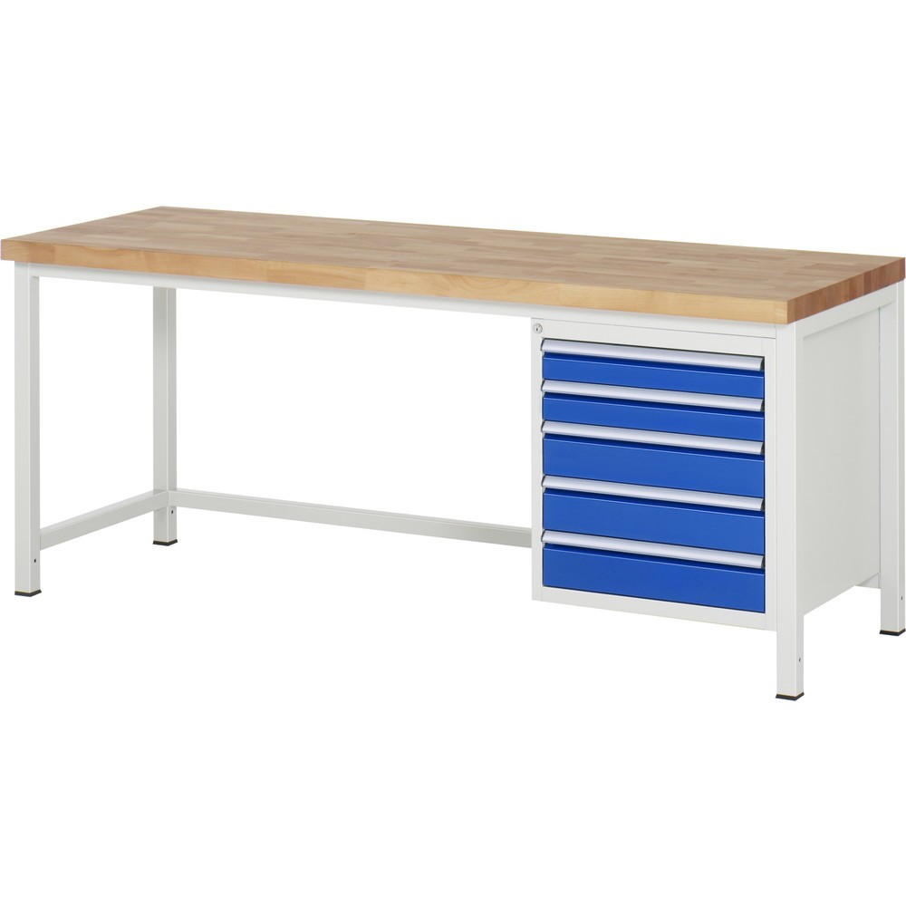 RAU Werkbank Serie 8000, HxBxT 840-1.040 x 2.000 x 700 mm, 5 x 100%-Auszug-Schubladen 2 x 90, 3 x 120 mm, Schubladen-TK 100 kg