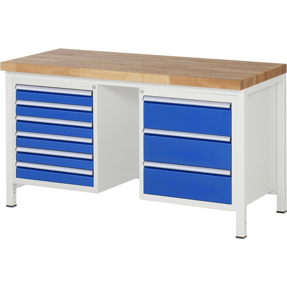 RAU Werkbank Serie 8000, 2 Container, HxBxT 840 x 1.500 x 700 mm, 9 x 100%-Auszug-Schubladen