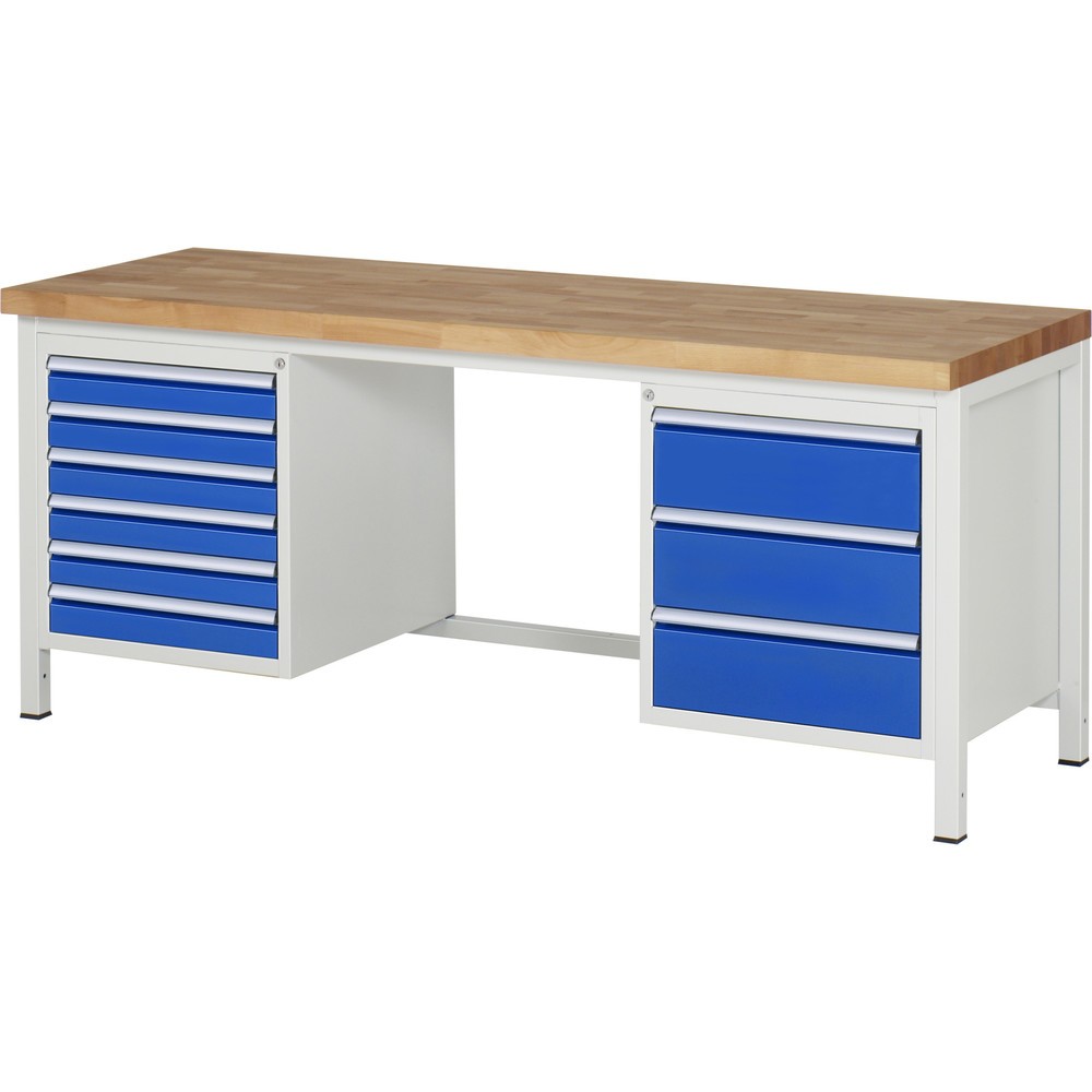 RAU Werkbank Serie 8000, 2 Container, HxBxT 840 x 2.000 x 700 mm, 9 x 90%-Auszug-Schubladen