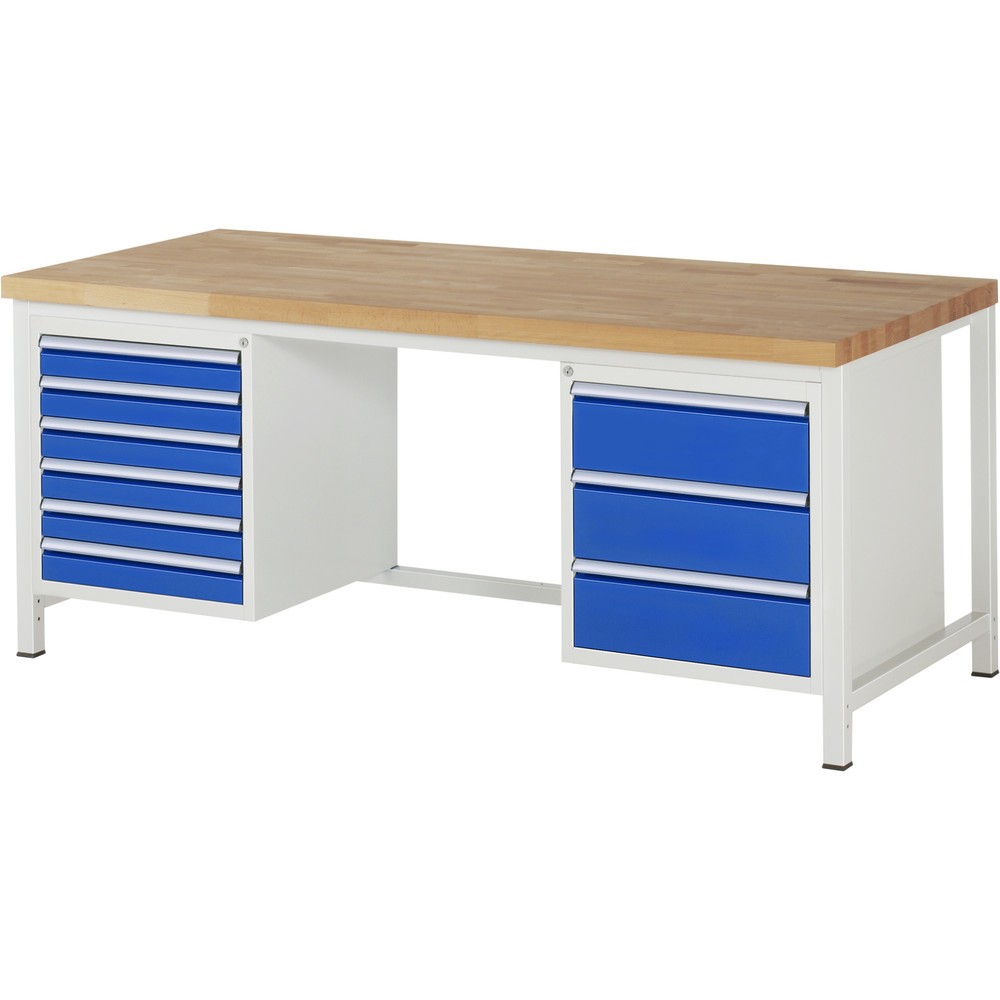 RAU Werkbank Serie 8000, 2 Container, HxBxT 840-1.040 x 2.000 x 900 mm, 9 x 100%-Auszug-Schubladen