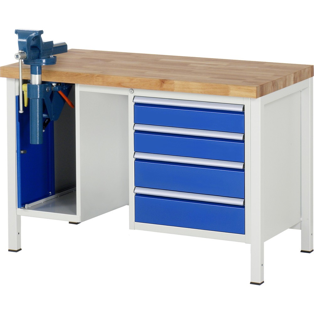 RAU Werkbank Serie 8000, 2 Container, HxBxT 840-1.040 x 1.250 x 700 mm, 4 x 100%-Auszug-Schubladen, inkl. Schraubstock