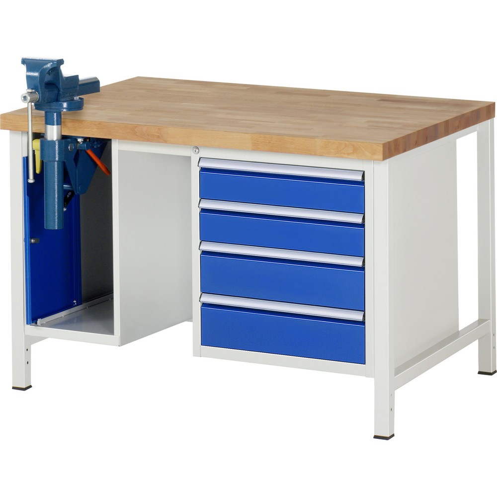 RAU Werkbank Serie 8000, 2 Container, HxBxT 840 x 1.250 x 900 mm, 4 x 90%-Auszug-Schubladen, inkl. Schraubstock