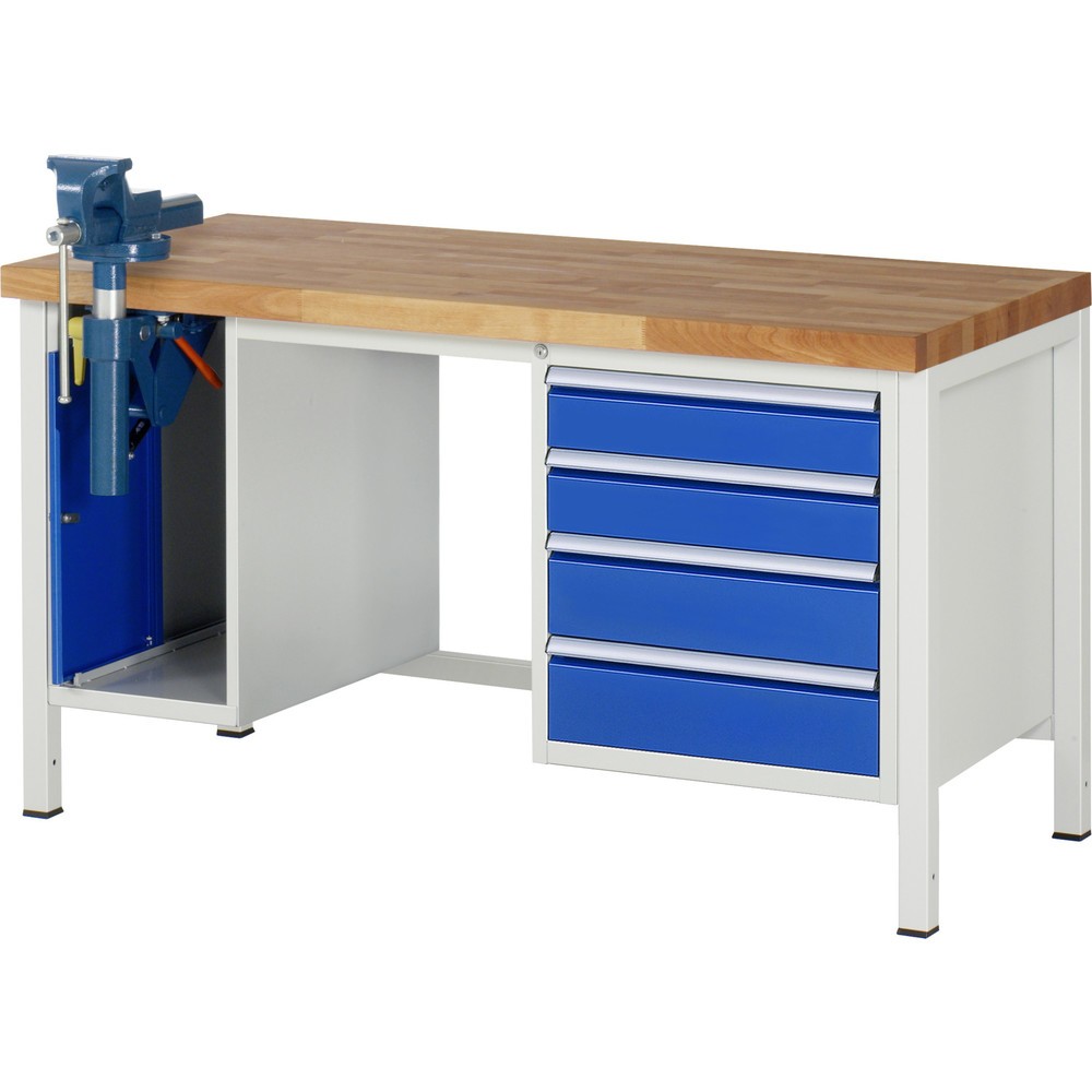 RAU Werkbank Serie 8000, 2 Container, HxBxT 840 x 1.500 x 700 mm, 4 x 90%-Auszug-Schubladen, inkl. Schraubstock