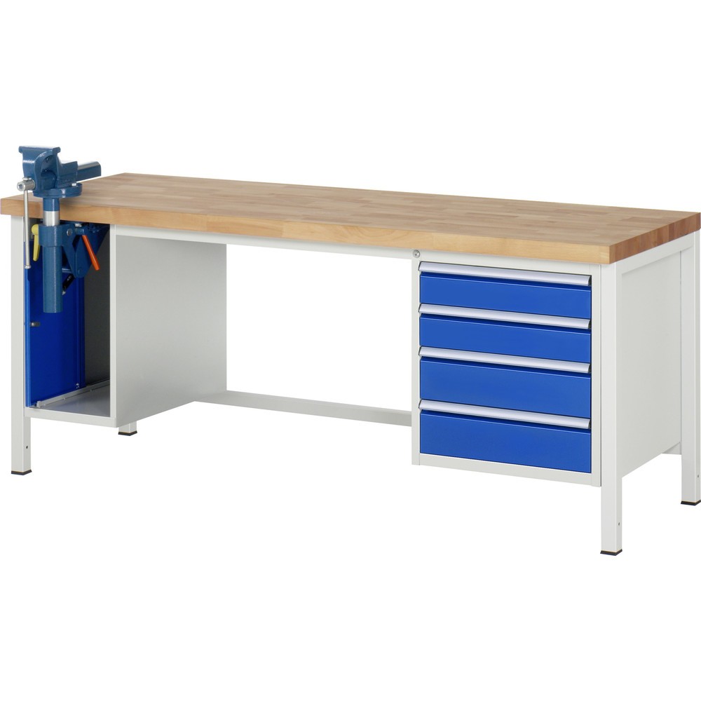 RAU Werkbank Serie 8000, 2 Container, HxBxT 840 x 2.000 x 700 mm, 4 x 100%-Auszug-Schubladen, inkl. Schraubstock