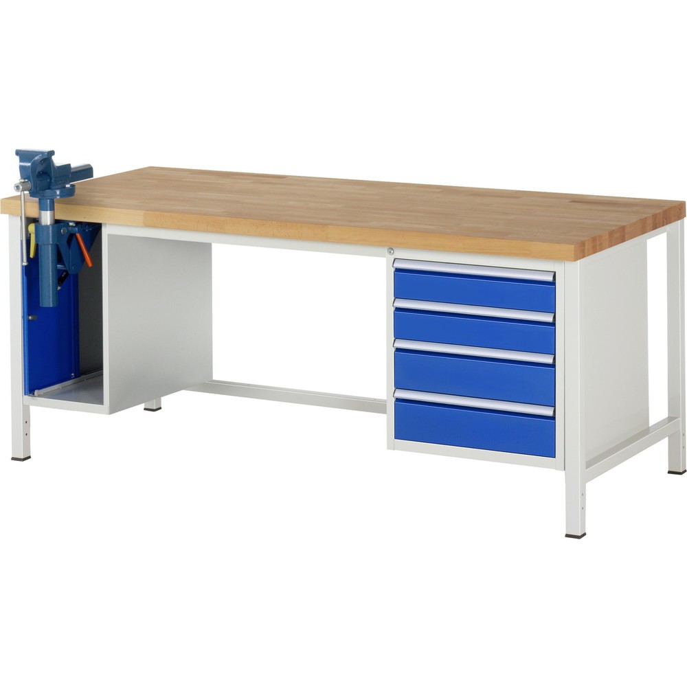 RAU Werkbank Serie 8000, 2 Container, HxBxT 840 x 2.000 x 900 mm, 4 x 90%-Auszug-Schubladen, inkl. Schraubstock