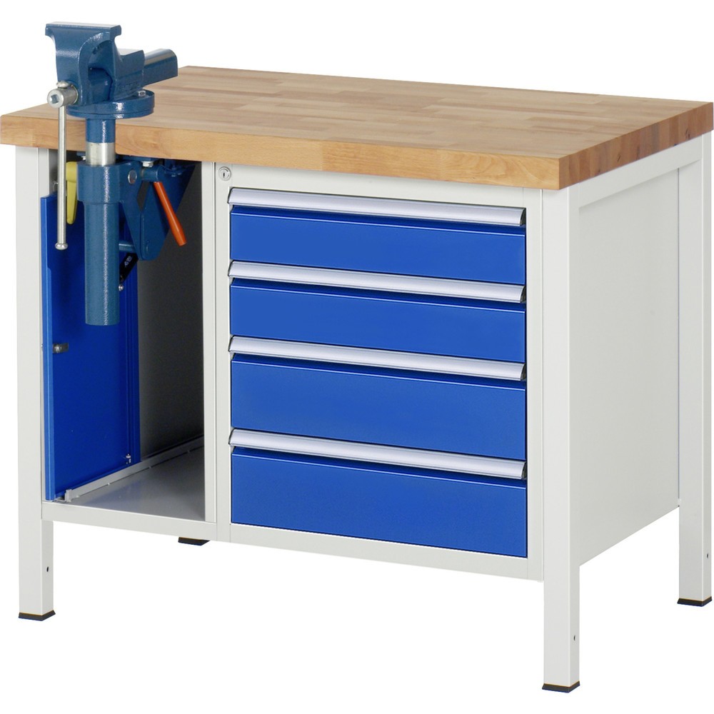 RAU Werkbank Serie 8000, 2 Container, HxBxT 840-1.040 x 1.000 x 700 mm, 4 x 100%-Auszug-Schubladen, inkl. Schraubstock