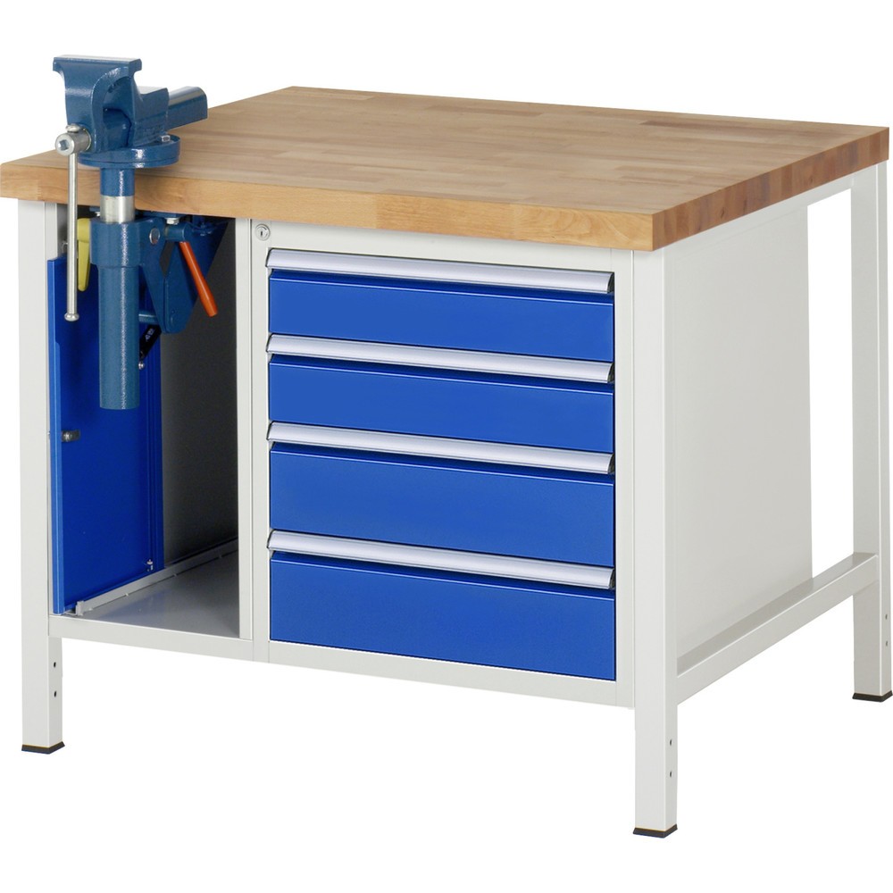 RAU Werkbank Serie 8000, 2 Container, HxBxT 840 x 1.000 x 900 mm, 4 x 90%-Auszug-Schubladen, inkl. Schraubstock
