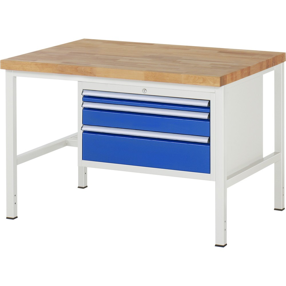 RAU Werkbank Serie 8000, HxBxT 840-1.040 x 1.250 x 900 mm, 3 x 90%-Auszug-Schubladen 1 x 60, 1 x 120, 1 x 180 mm, Schubladen-TK 75 kg