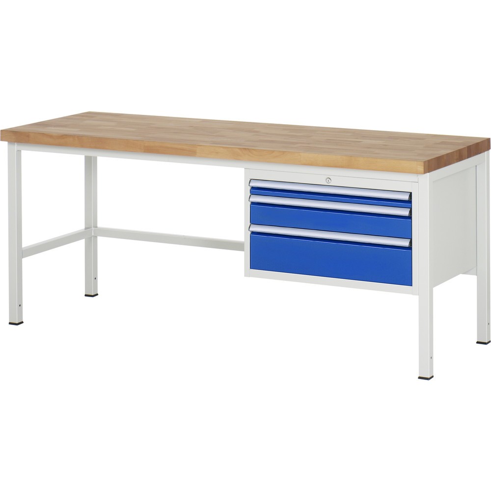 RAU Werkbank Serie 8000, HxBxT 840 x 2.000 x 700 mm, 3 x 100%-Auszug-Schubladen 1 x 60, 1 x 120, 1 x 180 mm, Schubladen-TK 75 kg