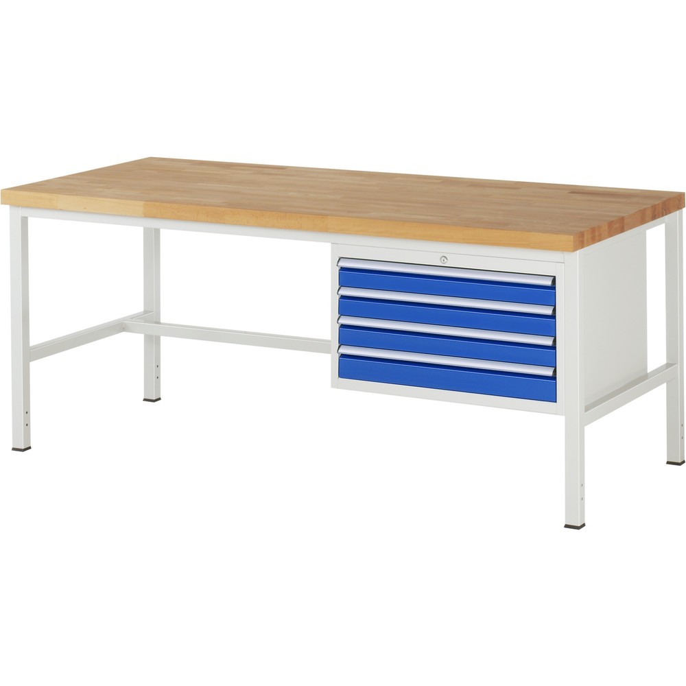 RAU Werkbank Serie 8000, HxBxT 840-1.040 x 2.000 x 900 mm, 4 x 100%-Auszug-Schubladen 4 x 90 mm, Breite 680 mm