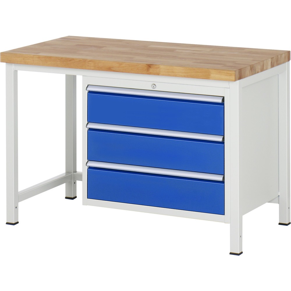 RAU Werkbank Serie 8000, HxBxT 840-1.040 x 1.250 x 700 mm, 3 x 100%-Auszug-Schubladen 3 x 180 mm, Breite 680 mm