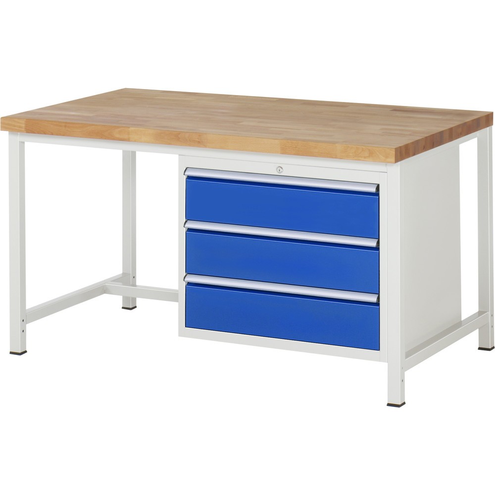 RAU Werkbank Serie 8000, HxBxT 840-1.040 x 1.500 x 900 mm, 3 x 90%-Auszug-Schubladen 3 x 180 mm, Schubladen-TK 75 kg