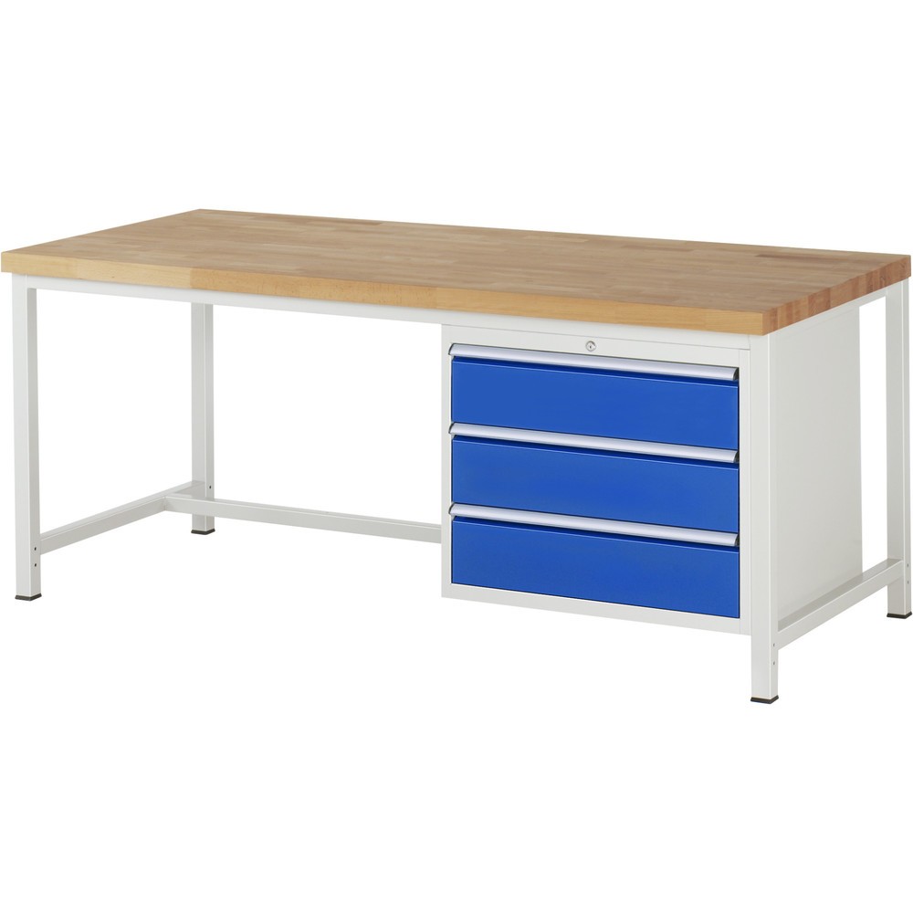 RAU Werkbank Serie 8000, HxBxT 840 x 2.000 x 900 mm, 3 x 90%-Auszug-Schubladen 3 x 180 mm, Schubladen-TK 75 kg