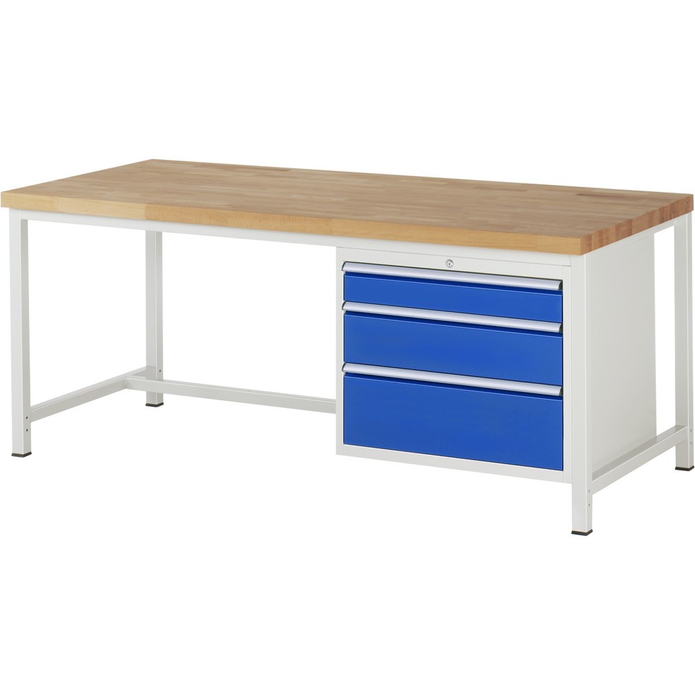 RAU Werkbank Serie 8000, HxBxT 840-1.040 x 2.000 x 900 mm, 3 x 100%-Auszug-Schubladen 1 x 120, 1 x 180, 1 x 240 mm, Schubladen-TK 75 kg