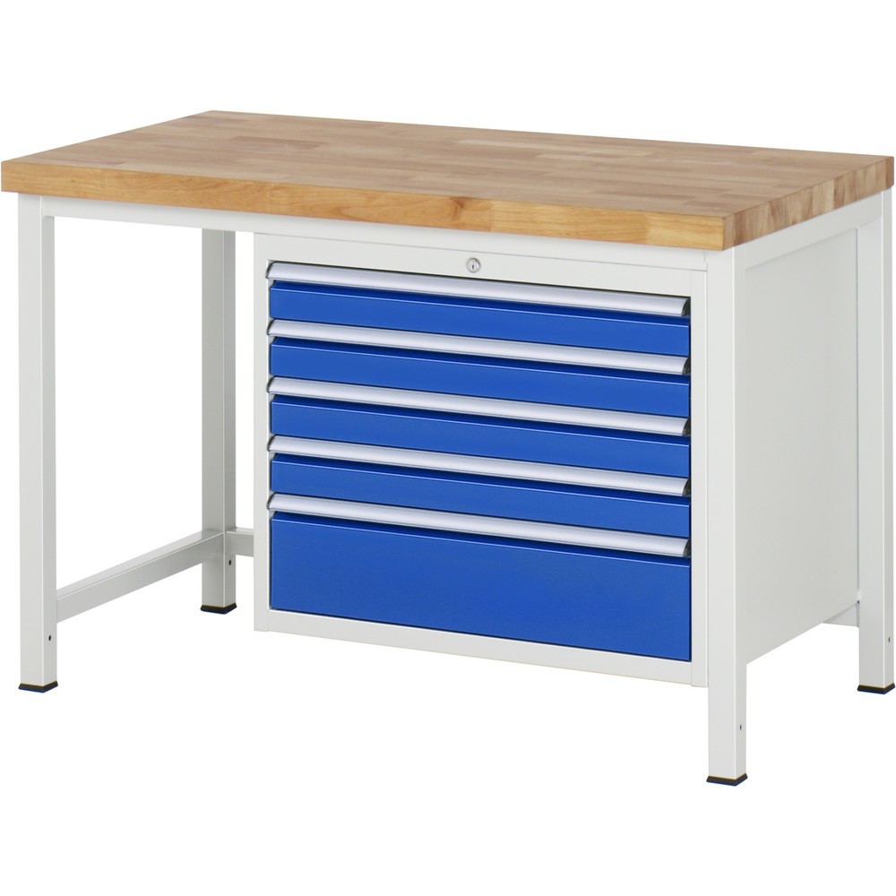 RAU Werkbank Serie 8000, HxBxT 840-1.040 x 1.250 x 700 mm, 5 x 100%-Auszug-Schubladen 4 x 90, 1 x 180 mm, Schubladen-TK 75 kg
