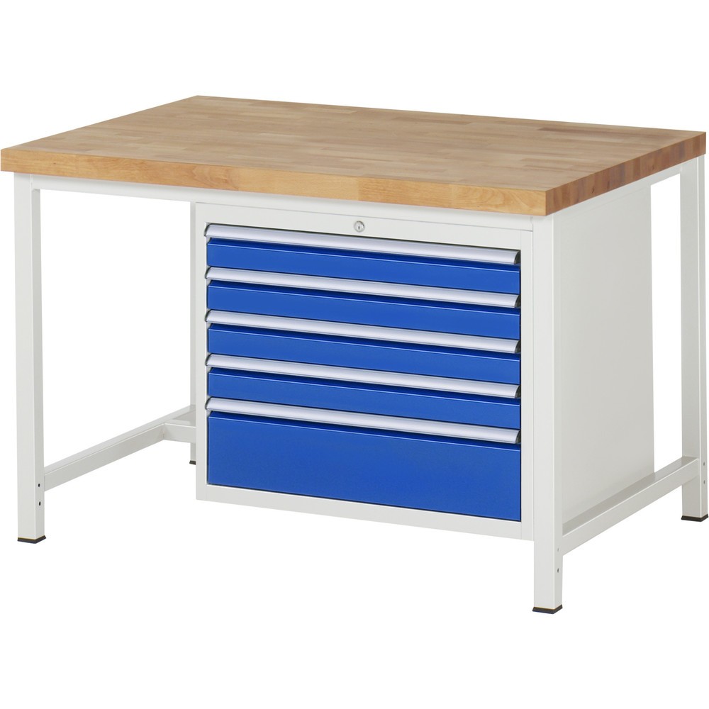 RAU Werkbank Serie 8000, HxBxT 840-1.040 x 1.250 x 900 mm, 5 x 90%-Auszug-Schubladen 4 x 90, 1 x 180 mm, Schubladen-TK 75 kg