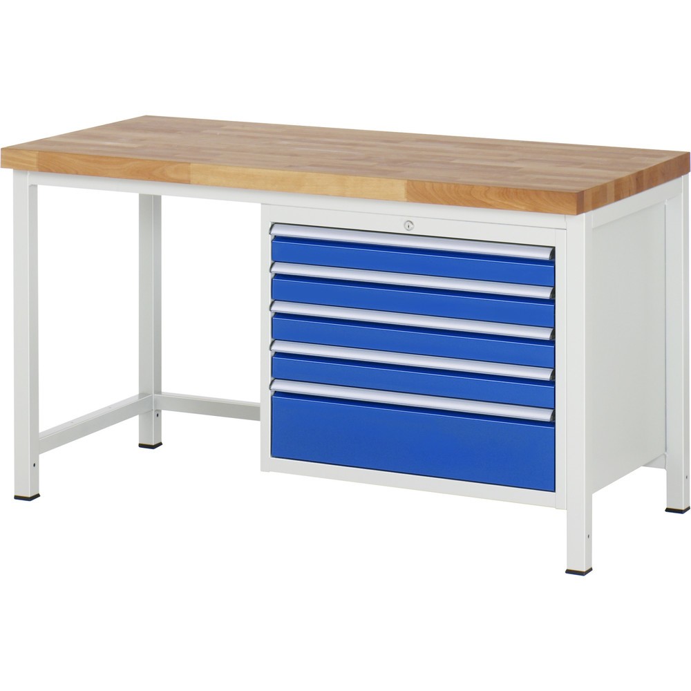 RAU Werkbank Serie 8000, HxBxT 840-1.040 x 1.500 x 700 mm, 5 x 90%-Auszug-Schubladen 4 x 90, 1 x 180 mm, Schubladen-TK 75 kg