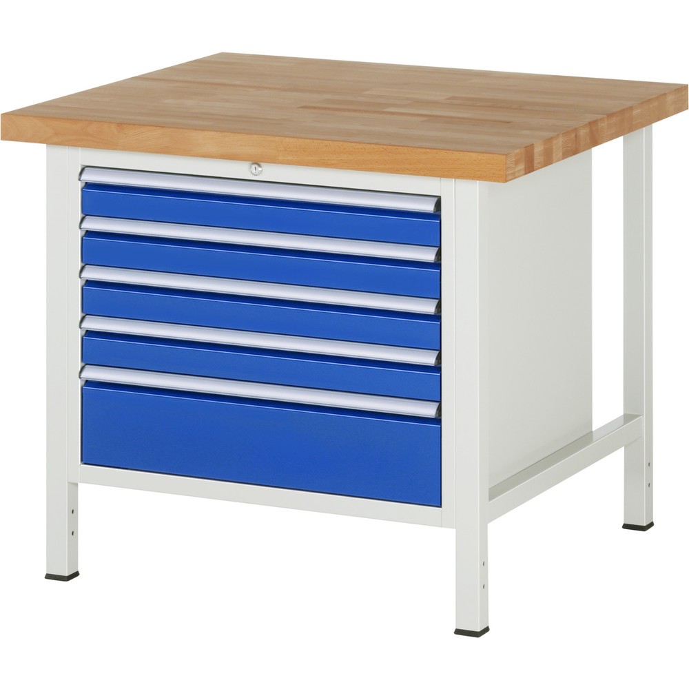 RAU Werkbank Serie 8000, HxBxT 840-1.040 x 1.000 x 900 mm, 5 x 90%-Auszug-Schubladen 4 x 90, 1 x 180 mm, Schubladen-TK 75 kg